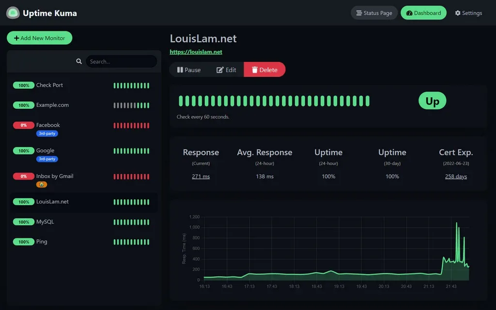 uptime-kuma 项目官方界面截图